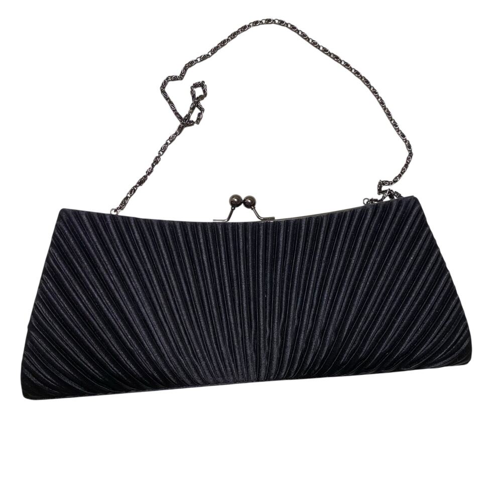 Jessica McClintock Cocktail Purse Shoulder Chain Satin Black Clutch Evening Bag